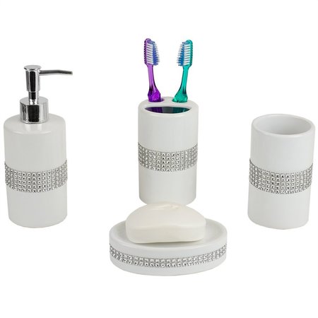 HOME BASICS 4 Piece Ceramic Luxury Bath Accessory Set with Stunning Sequin Accents, White BA41924
